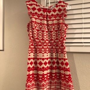 Red and Cream pleated business casual dress